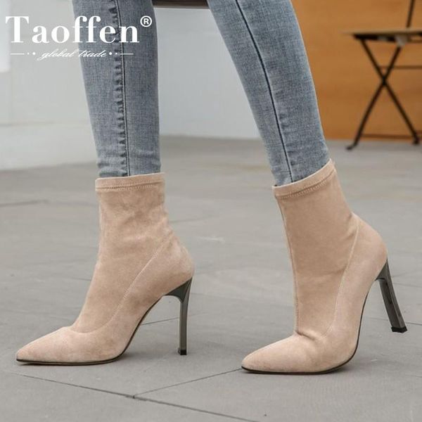 taoffen new ankle boots women pointed toe thin high heel slip on shoes sock boot stretch boots outdoor solid color size 34-43, Black